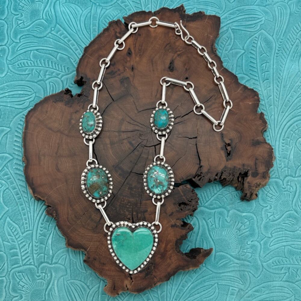 BUFFALO DANCER Taos Pueblo Sterling Silver & Turquoise Heart Station Necklace